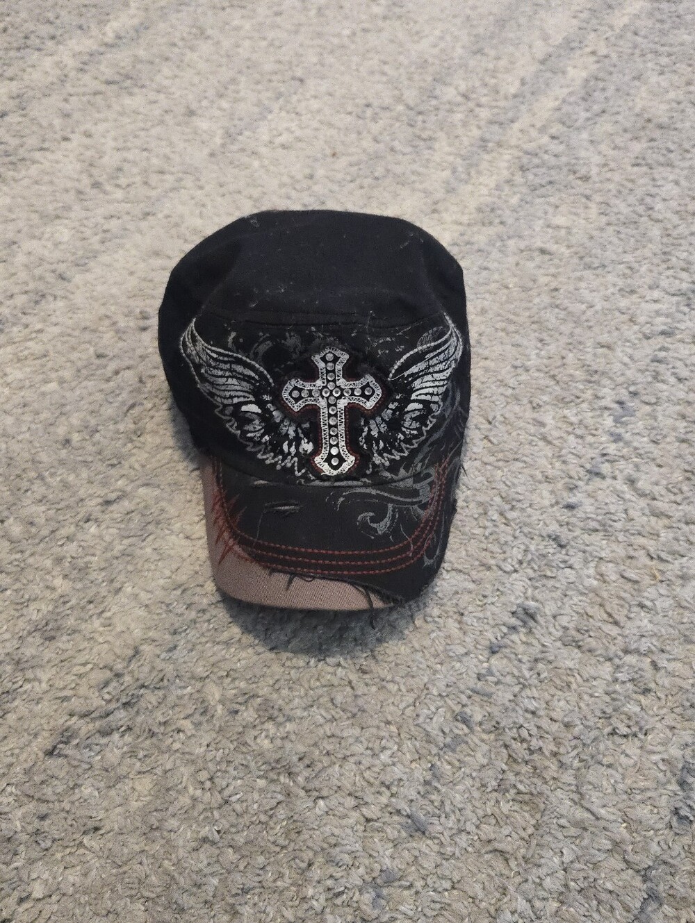 Crystal Saint Military Cadet Hat Rhinestone Cross Wings Y2K Distressed Black Cap